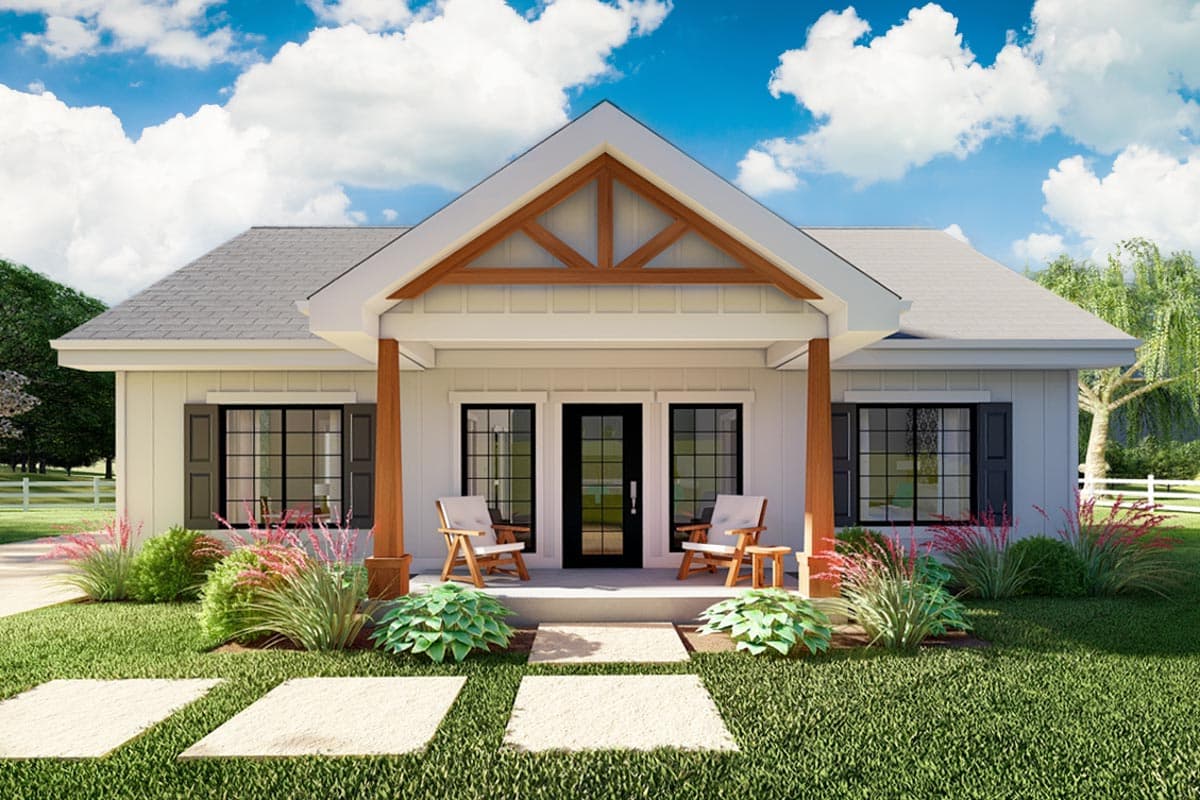 House plan exterior with Craftsman style, single story, and a front porch with exposed truss detailing and a gabled roof.