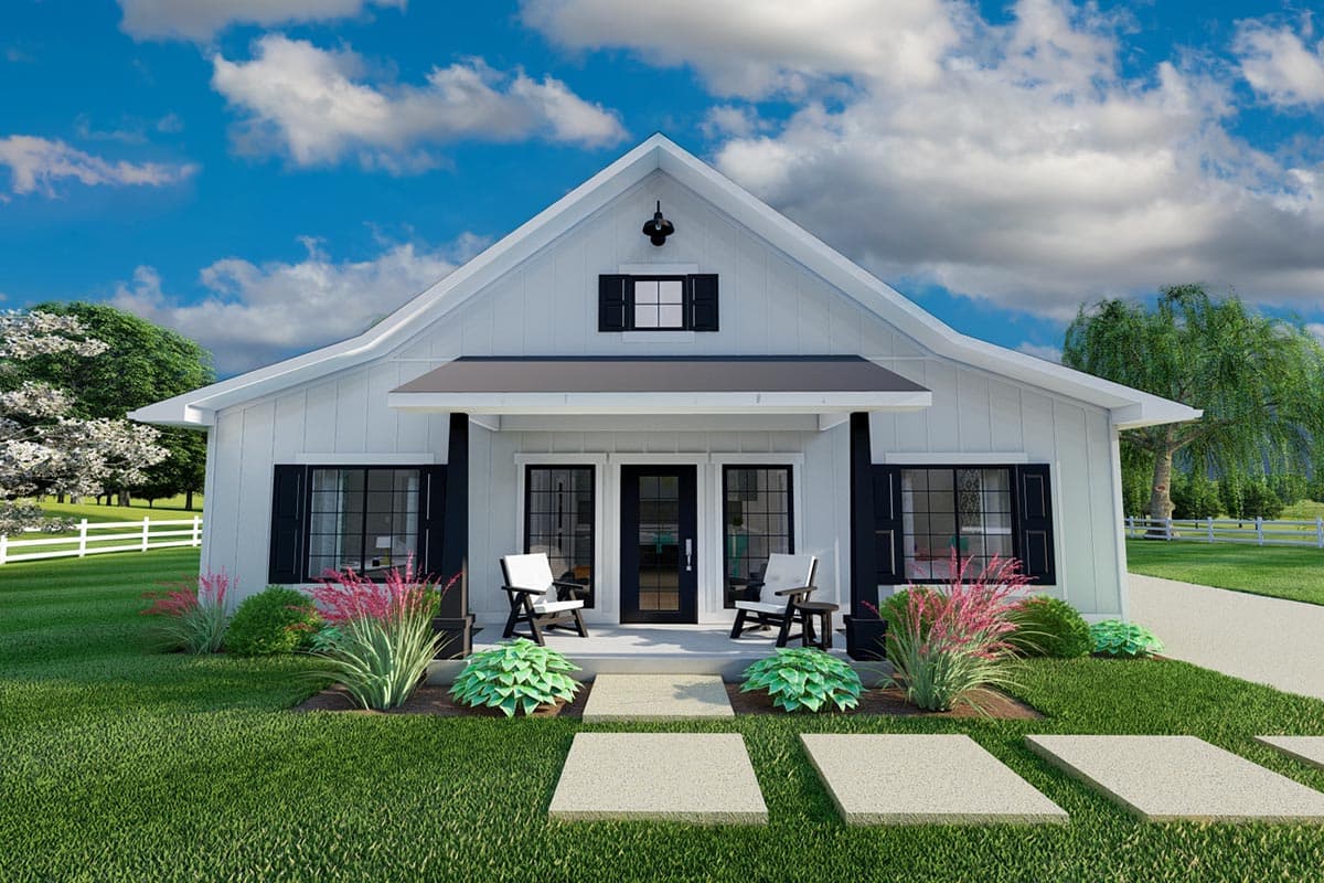 House plan exterior. Modern Farmhouse style with a single story, a front porch with dark columns, gable roof, and black shutters.