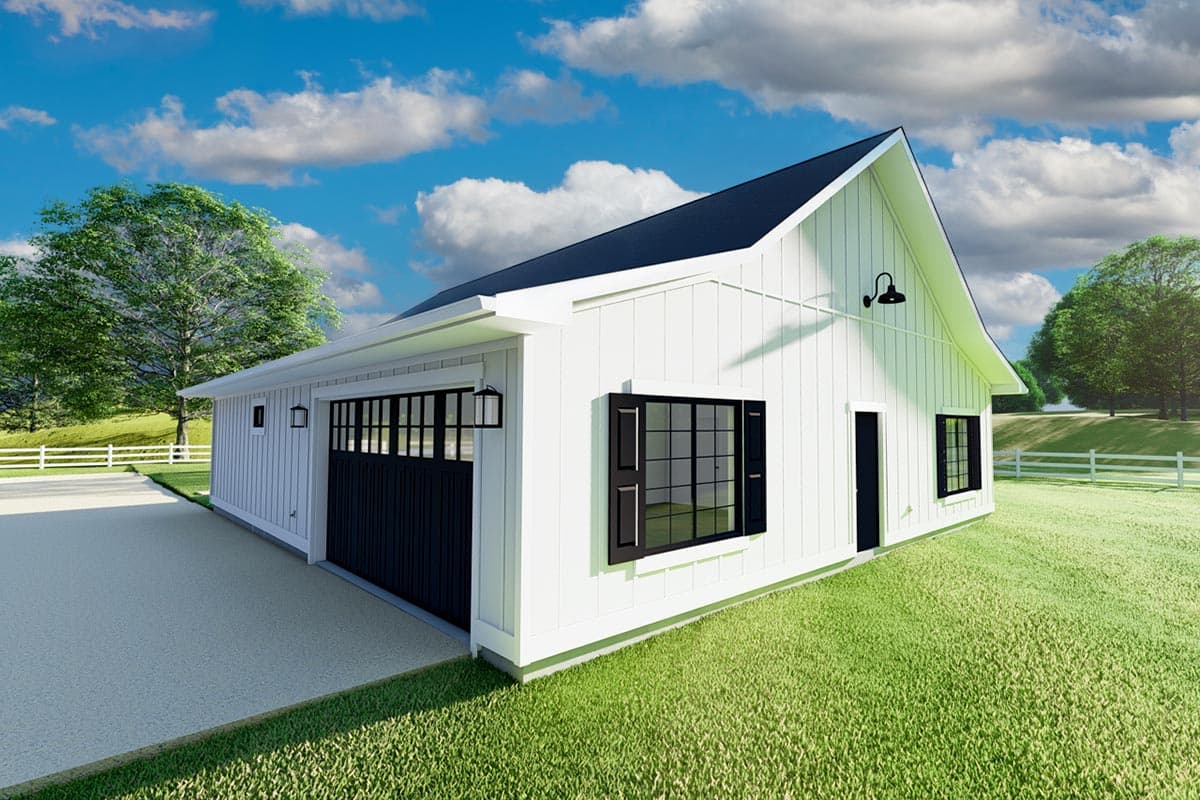 House plan exterior: Modern Farmhouse style, white vertical siding, black garage door, black grid windows, and black gable-mounted light fixture.