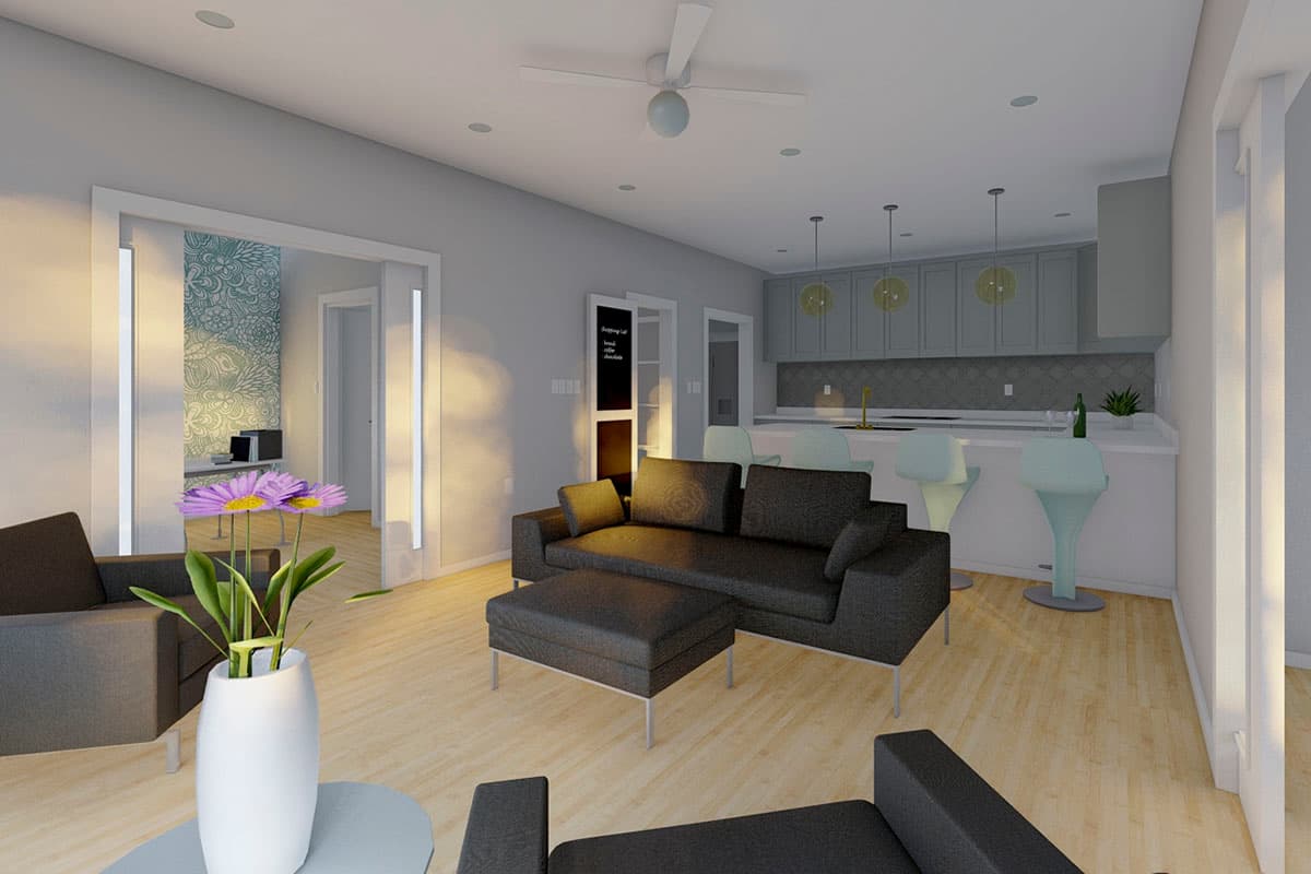 Interior rendering of an open-concept living area and kitchen with a sofa, island, and bar stools.