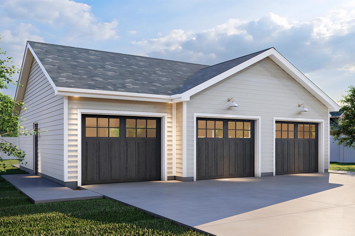 House plan exterior. Two-story structure with gable roof. Features include three garage bays with paneled doors and carriage lights.