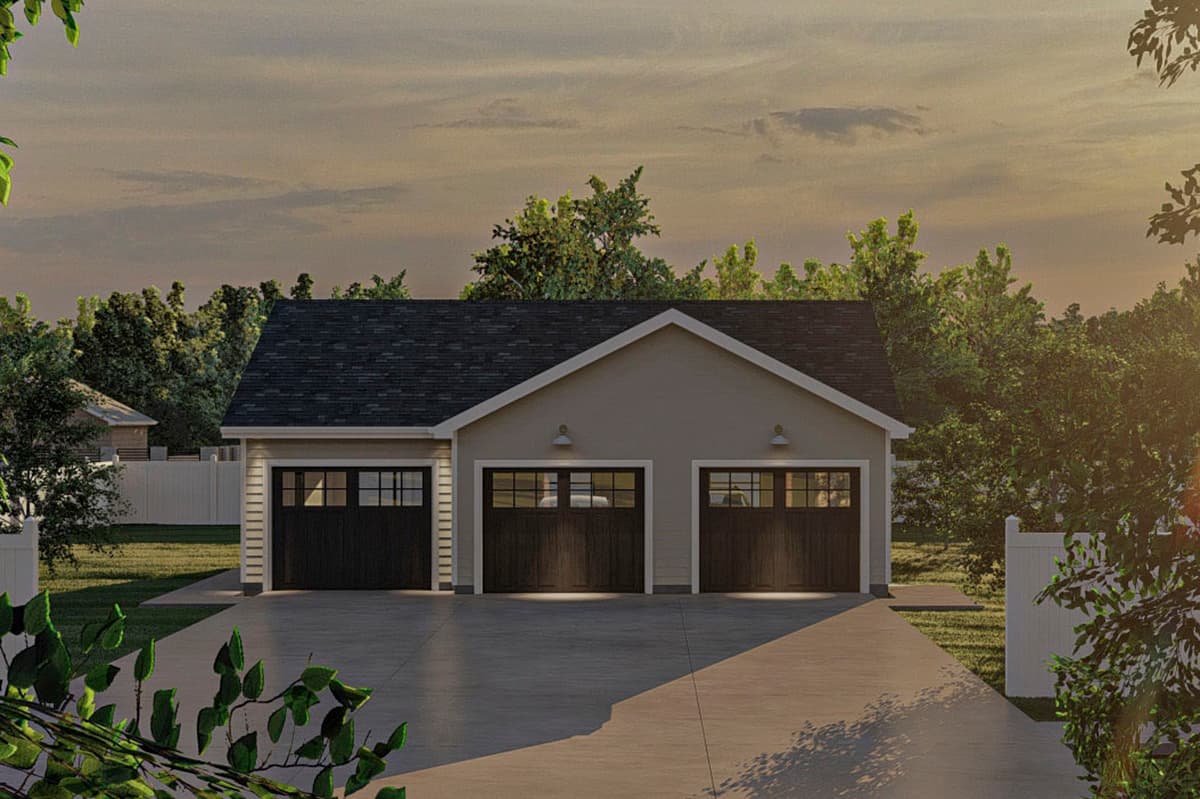 House plan exterior: Two-story detached garage with three dark wood doors with glass panes and gable roof.