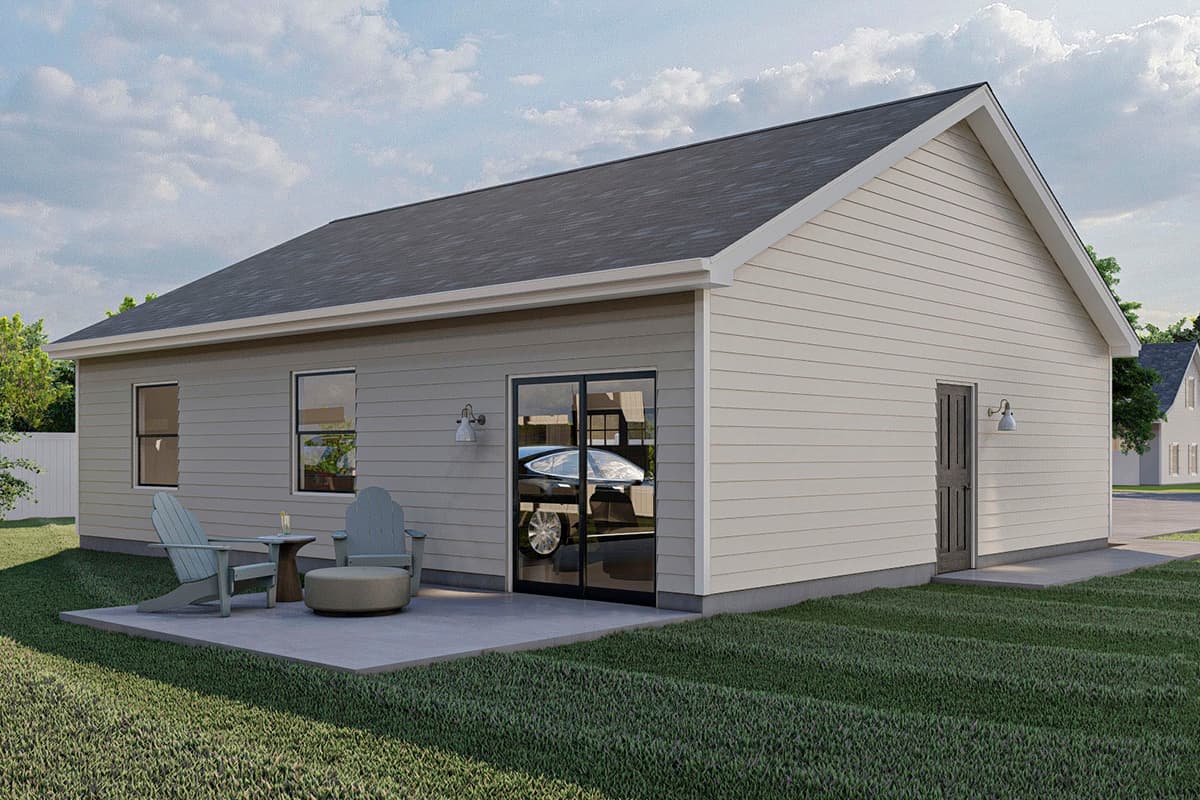 House plan exterior: single-story, beige siding, gable roof, with side-facing garage door and entry door.