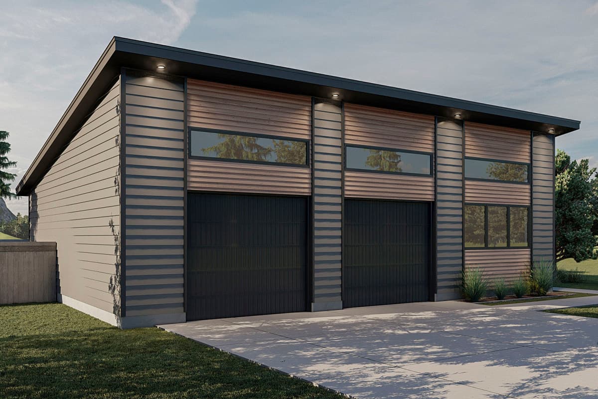 Modern house plan exterior with two garage bays, horizontal siding, wood paneling, and wide clerestory windows under a flat roofline.