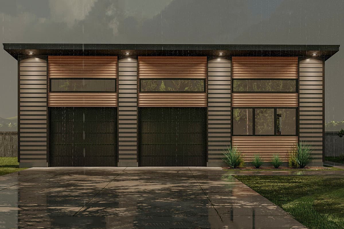 Modern garage with two doors, horizontal siding, wood accents, and long windows. Exterior view.