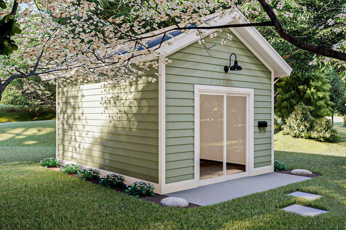 House plan exterior: One-story structure with horizontal siding, a gable roof, a sliding glass door, and an exterior wall lamp.