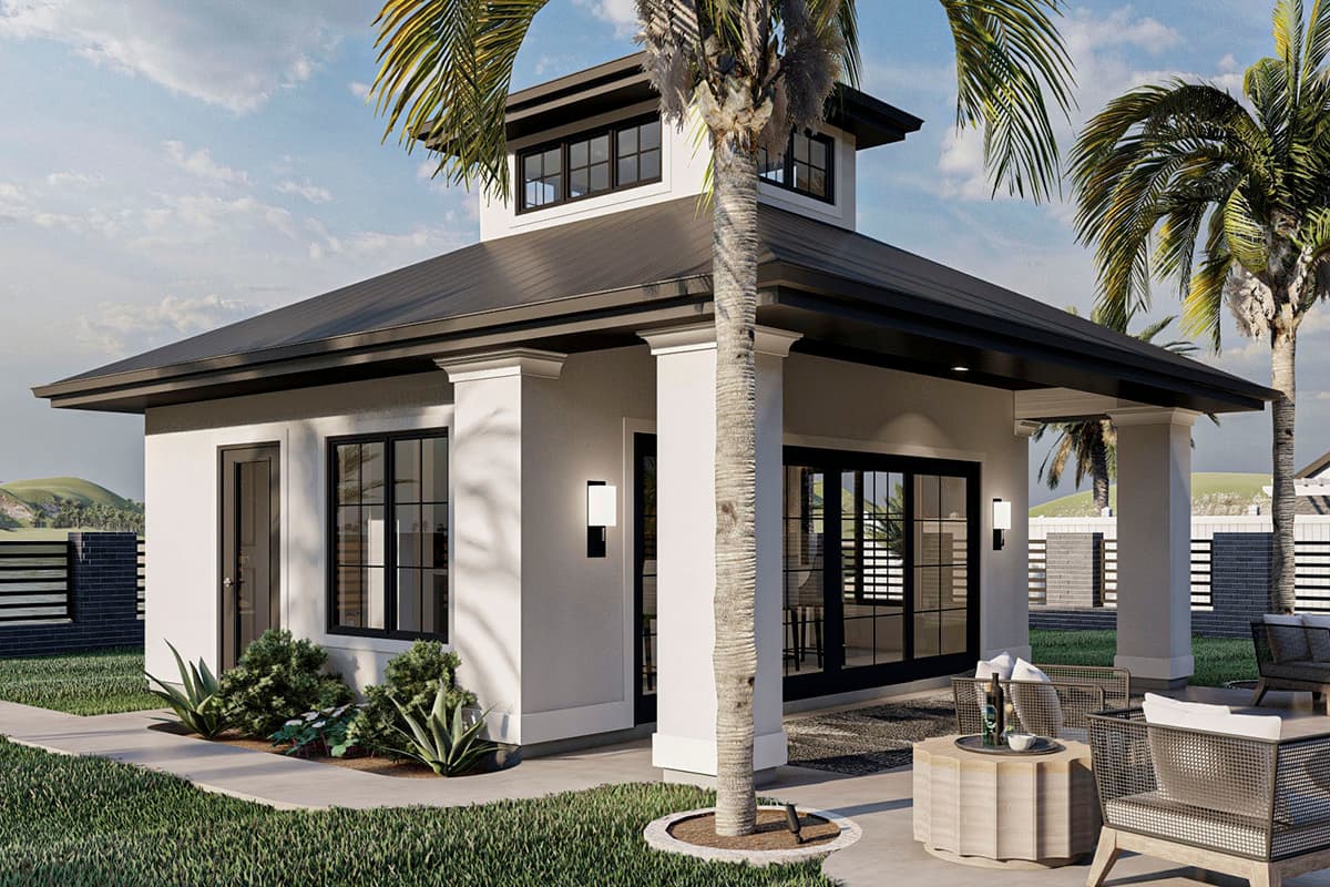 House plan exterior: Contemporary style, single-story, hipped roof, covered porch with columns, and prominent central tower.