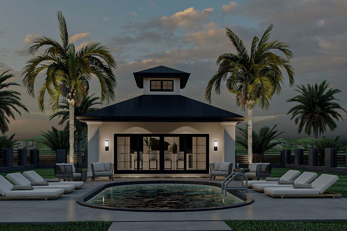 House plan exterior with a hip roof, central cupola, and wide glass doors opening to a pool and lounge area.