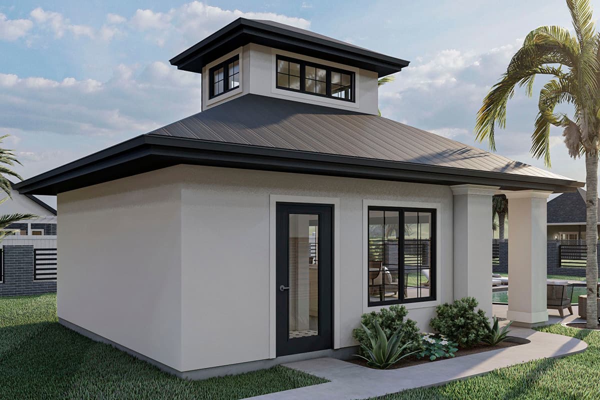 House plan exterior: Modern style, one story with a prominent cupola, hip roof, and covered porch.