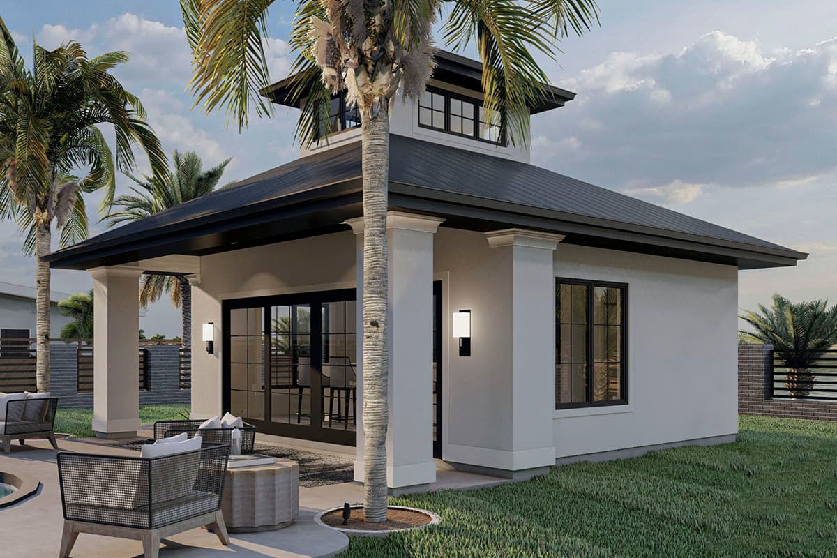 House plan exterior featuring a dark hip roof, covered patio with columns, and a second-story dormer.