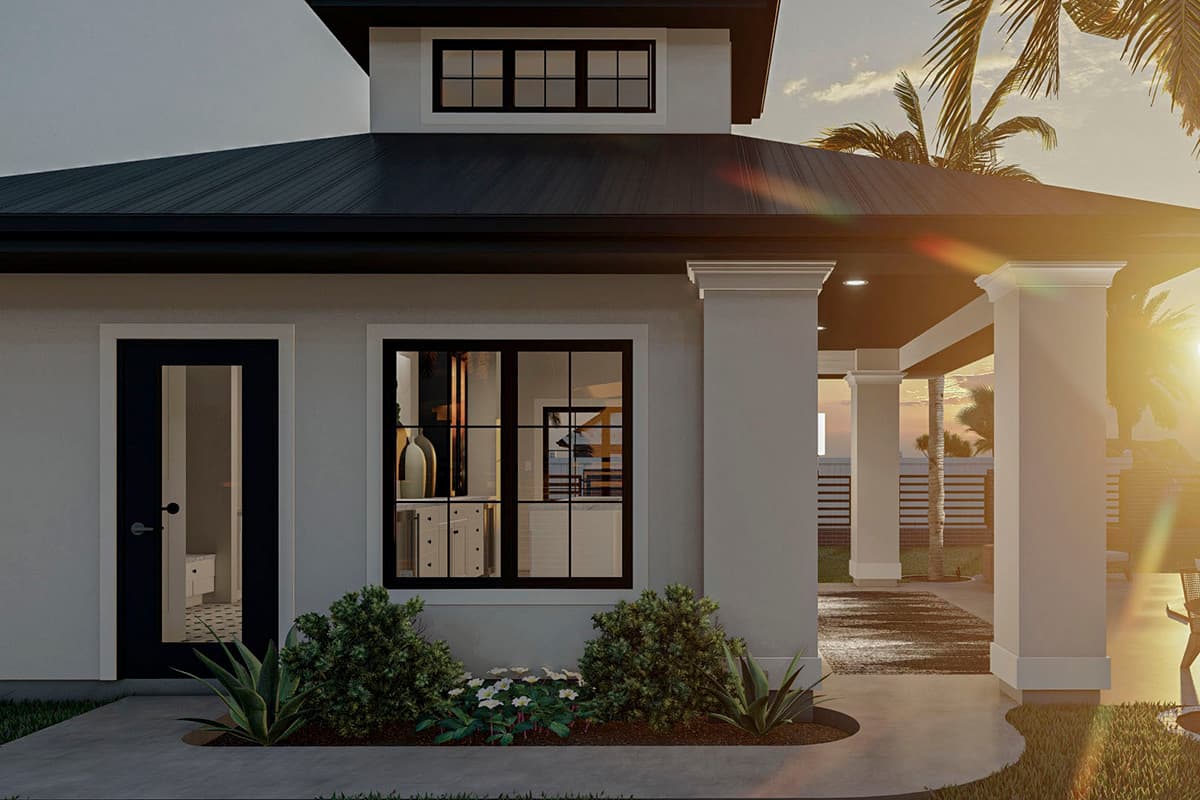 House plan exterior: Modern style, one story, hip roof, covered entry with columns, dormer window.