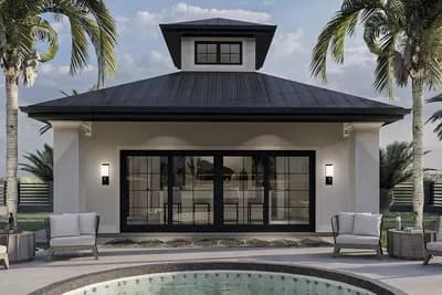 Contemporary Pool House with Covered Patio