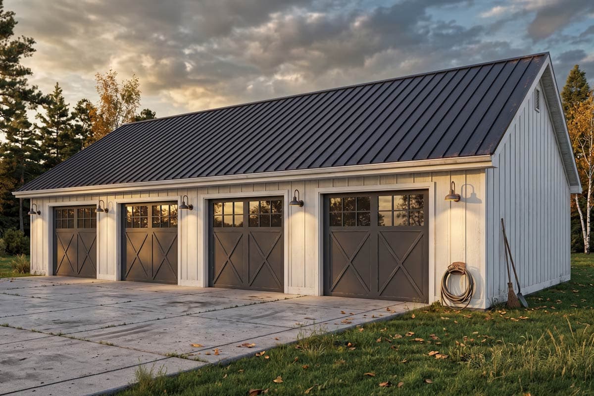 House plan exterior with four-car garage. Features include a gable roof, vertical siding, and carriage-style garage doors.