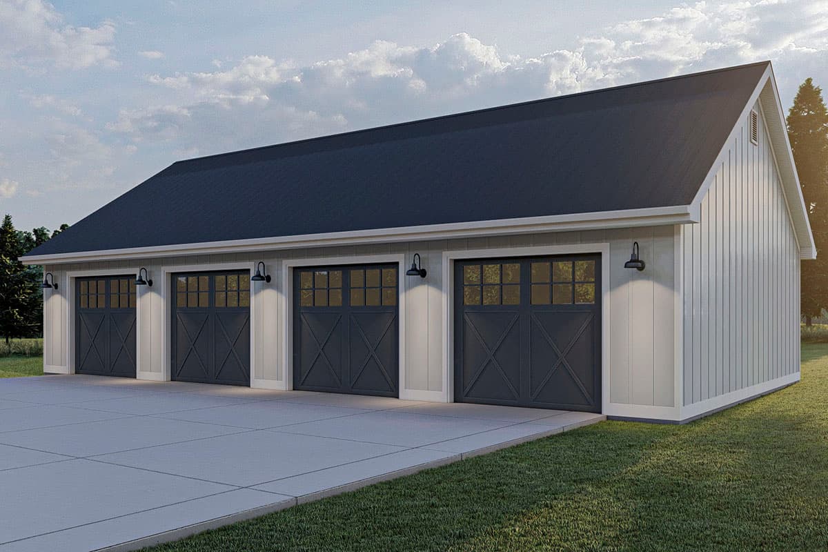 House plan exterior with four-car garage. Features include a gable roof, vertical siding, and carriage-style garage doors.