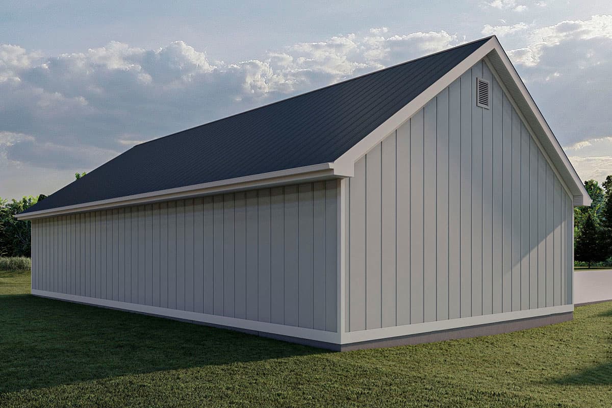 House plan exterior rendering of a Modern Farmhouse style home with vertical siding, a gabled roof, and a gable vent.