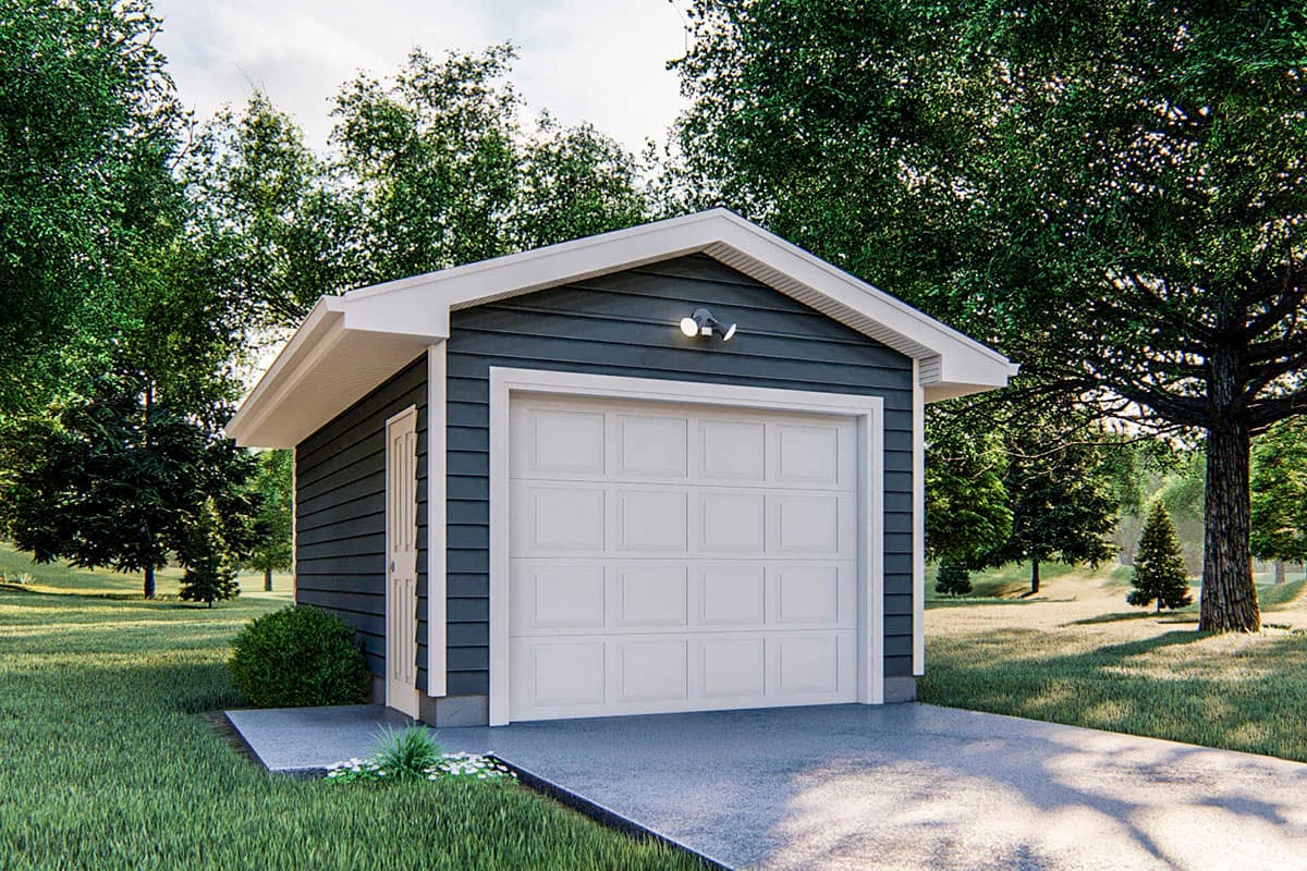 House plan exterior: One-story garage with gable roof, white trim, and a concrete driveway. Features include a garage door and side door.