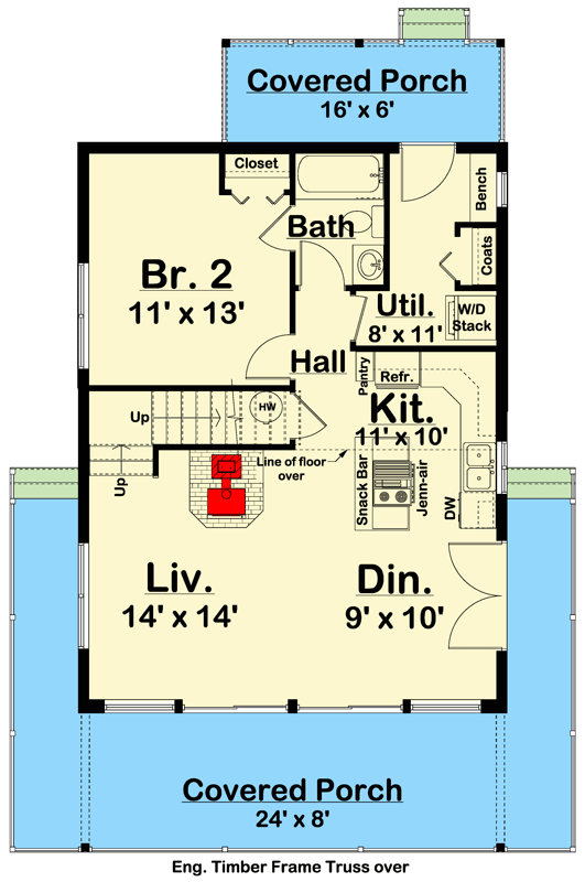Plan 67802MG: Small 2-Bed Cottage Home Plan with Lofted Master Suite - 1037 Sq Ft - Floor Plan - Main Level - Cottage, Country, Mountain, Rustic, Vacation