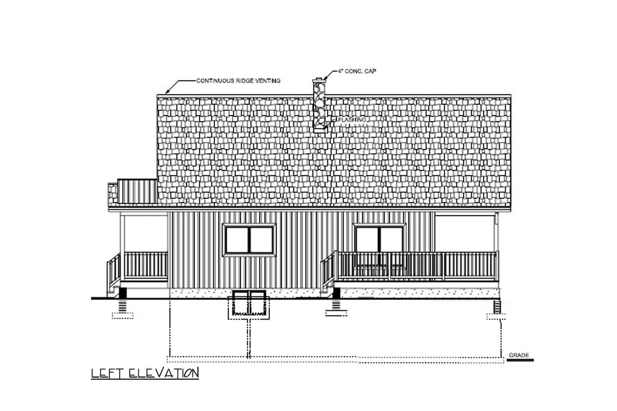 Left elevation house plan with gable roof, double hung windows, siding, and a covered porch with railing.