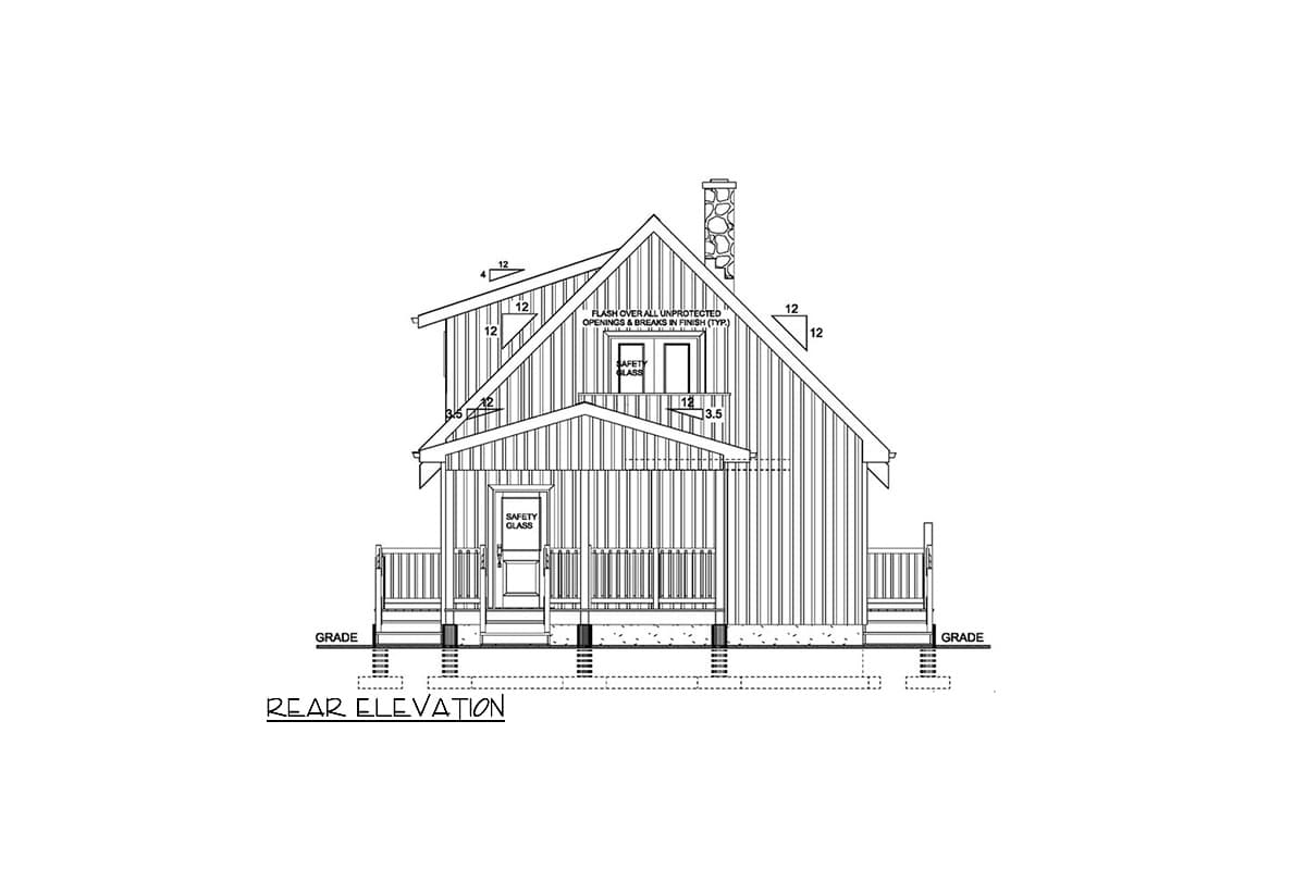Rear elevation house plan drawing showing a two-story structure with gables, a covered porch, and a stone chimney.