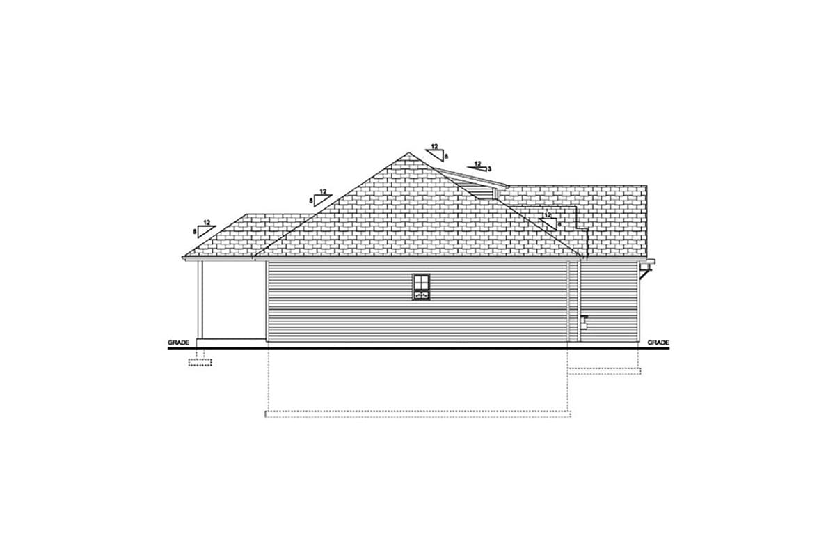 Side elevation of house plan showing clapboard siding, a gabled roof with varying pitches, and a single window.