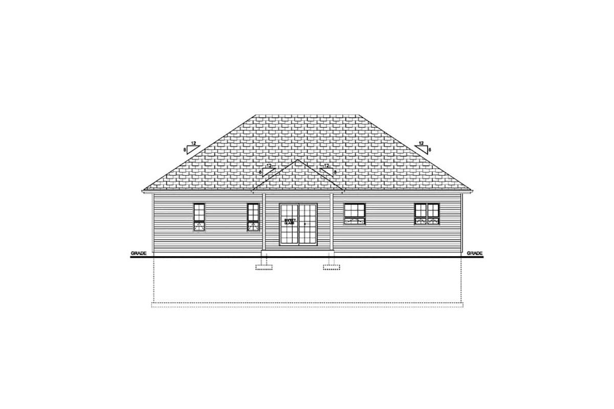 House plan elevation drawing of a single-story home with a prominent gable roof and double doors.