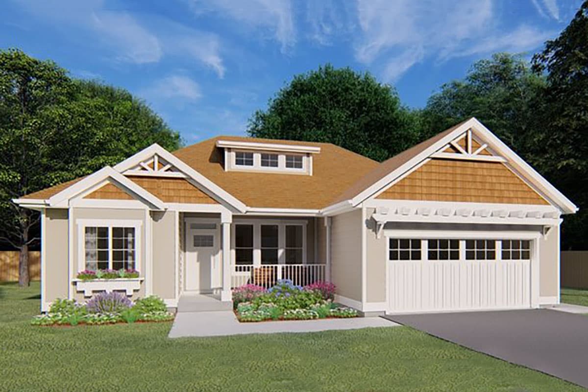 House plan exterior. Craftsman style, single story. Features include gabled rooflines, dormers, and a pergola above garage door.
