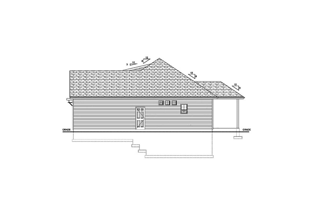 House plan elevation drawing, right side view, showing a pitched roofline, horizontal siding, and a covered porch.