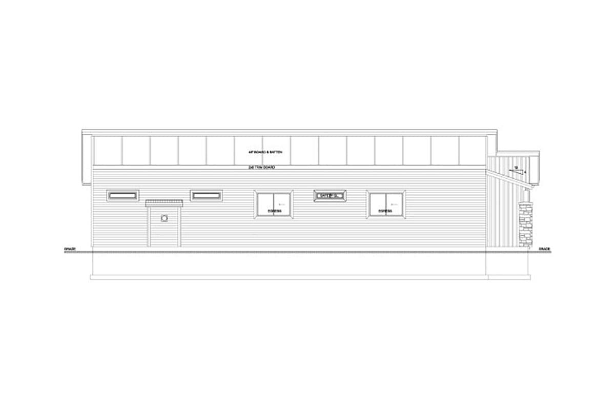 House plan exterior elevation. Single story with board and batten siding, a central door, and multiple windows. Features stone base.