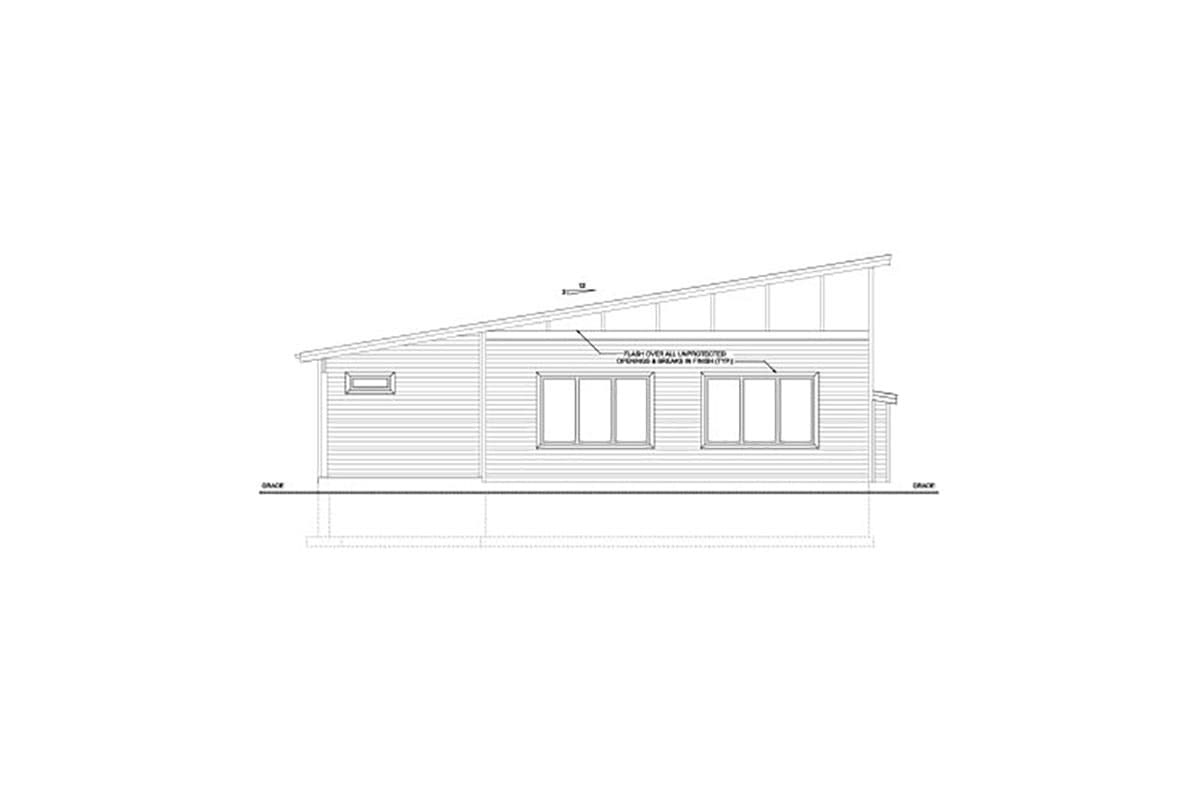 House plan elevation drawing of a modern home with a sloped roof, horizontal siding, and three large windows.