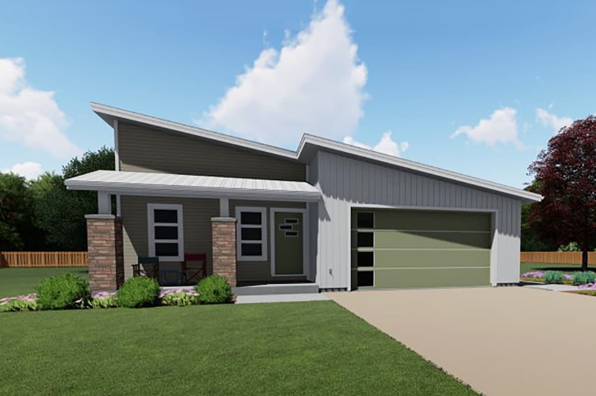 House plan exterior with a modern style. One-story home with a carport, exposed rafter tails, and a low-slope shed roof.