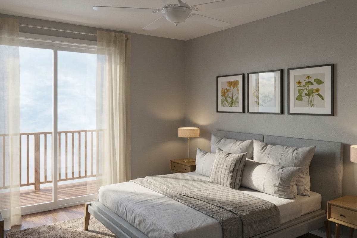 Bedroom with sliding glass door to balcony, ceiling fan, and three botanical prints.