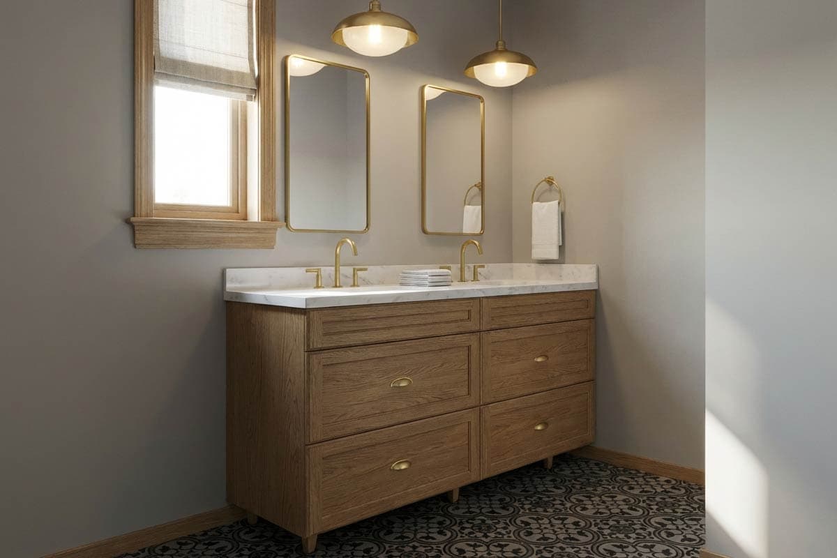 Bathroom vanity with double sinks, marble countertop, wood cabinetry, brass fixtures, and patterned tile floor.