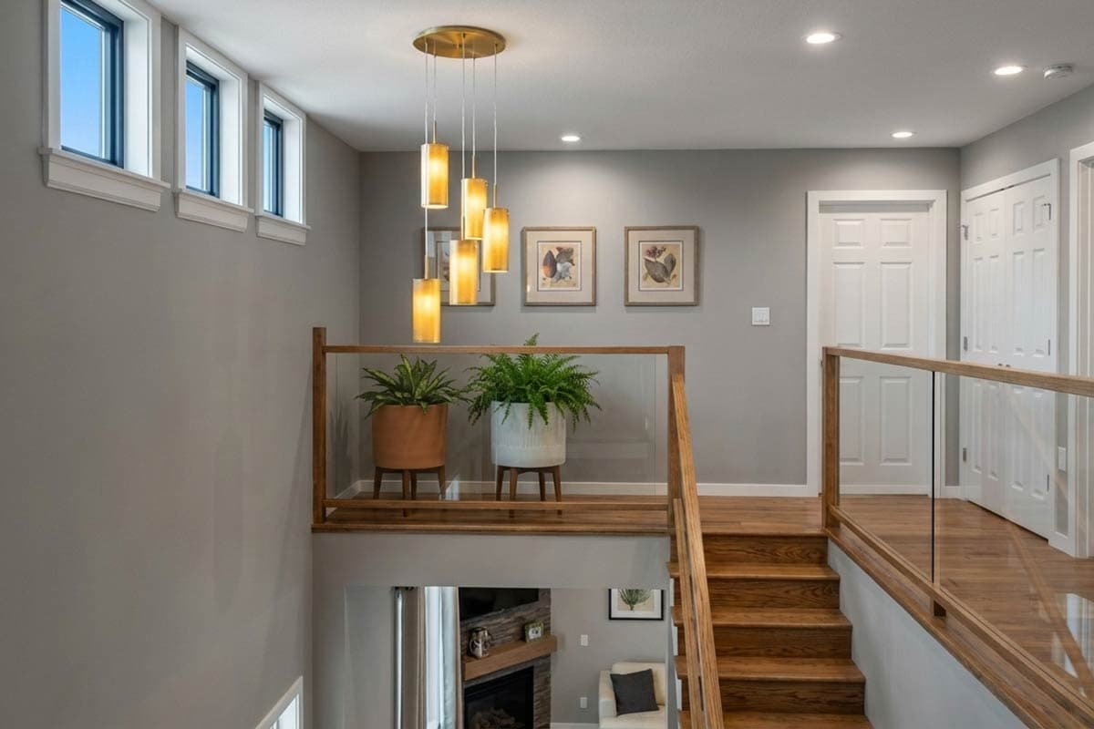 Interior view of a house landing with wood stairs, glass railings, plants, and a multi-tiered pendant light.
