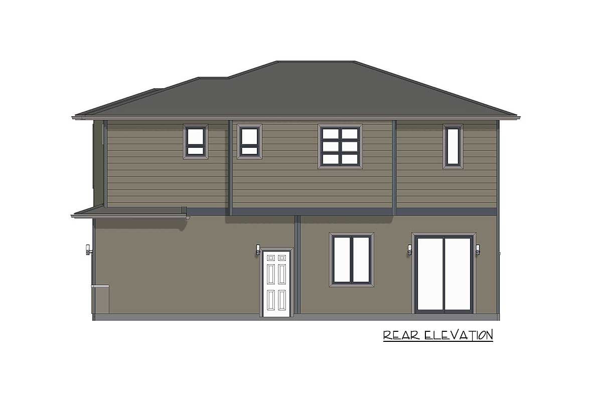 Rear elevation drawing of a two-story house plan featuring horizontal siding, a prominent roofline, a central door, and large sliding doors.