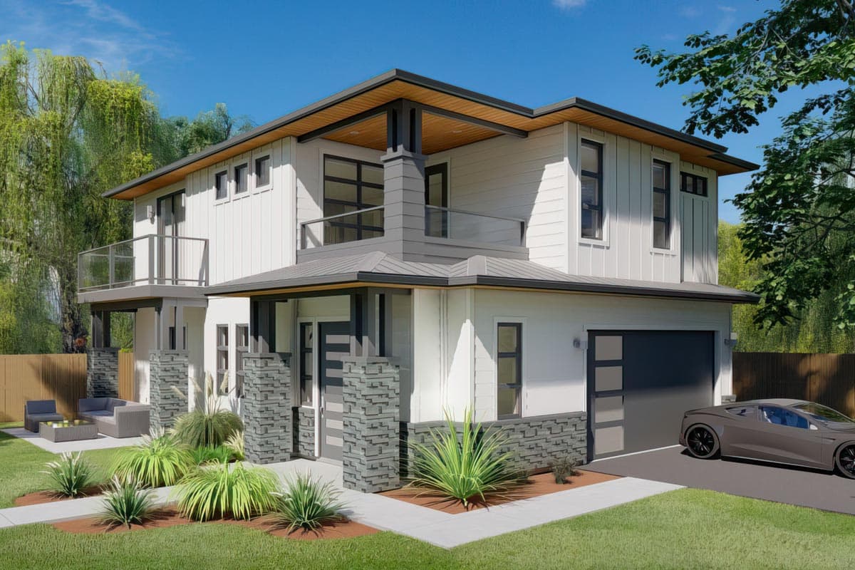 House plan exterior featuring Modern style, two stories, balcony with glass railing, flat roof, and stone-clad columns at the porch and entry.