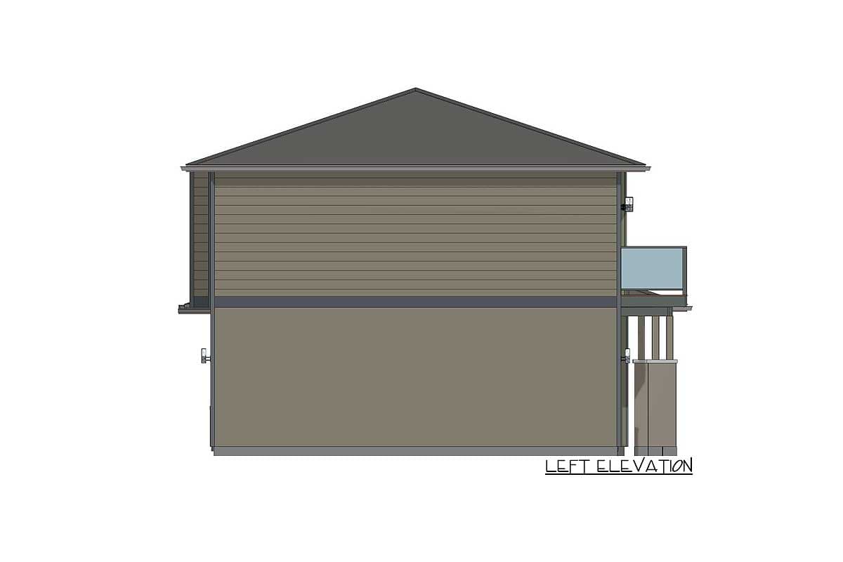 Left elevation drawing of a two-story house plan with horizontal siding, a gable roof, and a second-story balcony.
