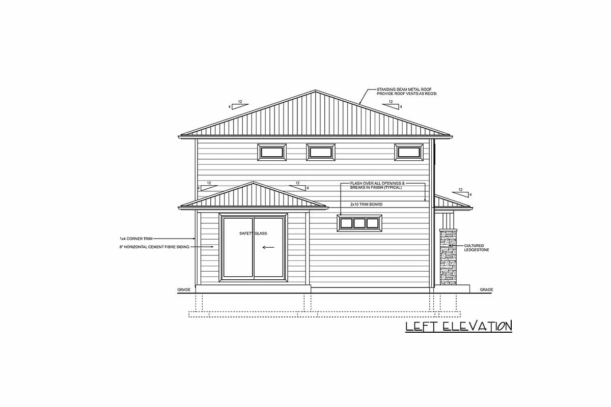 Left elevation drawing of a house with horizontal cement fibre siding, cultured ledgestone accents, and standing seam metal roof.