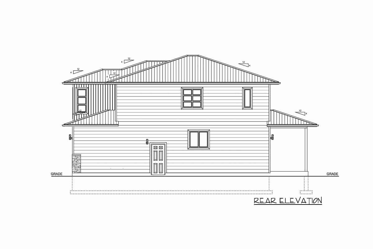 Rear elevation drawing of a two-story house plan featuring a gabled roof, horizontal siding, and a covered rear porch.