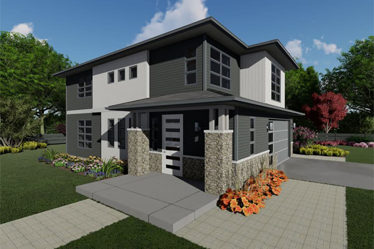 House plan exterior. Two-story Modern house with a flat roof, stone-clad porch columns, and a side-entry garage.