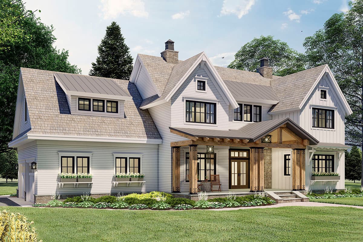 Modern Farmhouse house plan exterior with gables, dormers, a covered porch with wood beams, and a metal roof.