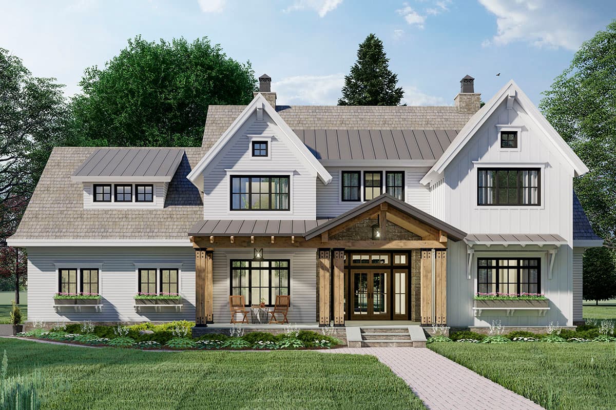 House plan exterior, modern farmhouse style, two stories, metal roof, stone and wood accents, covered entryway, dormers, and gables.