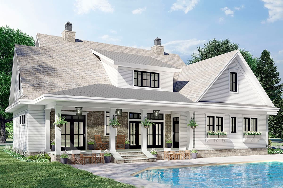 Modern Farmhouse house plan exterior with a large covered porch, stone accents, multiple gables, dormer window, and asphalt shingle roof.