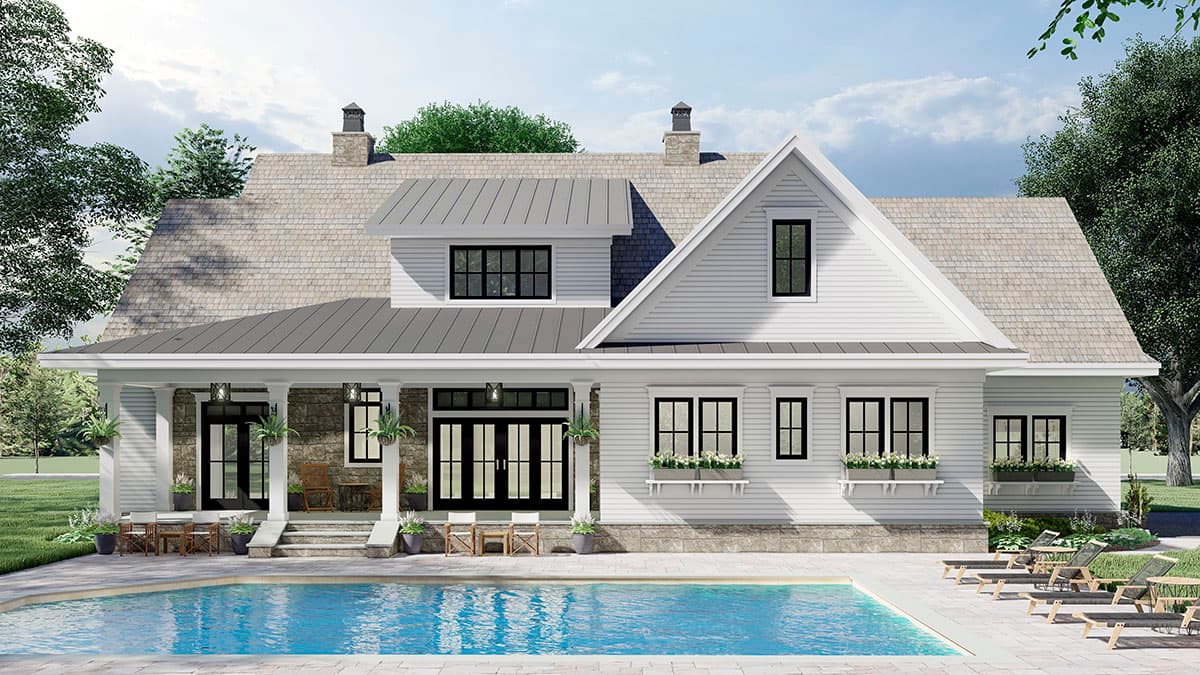 House plan exterior: Modern Farmhouse style with a covered porch, stone accents, dormers, and multiple gables.