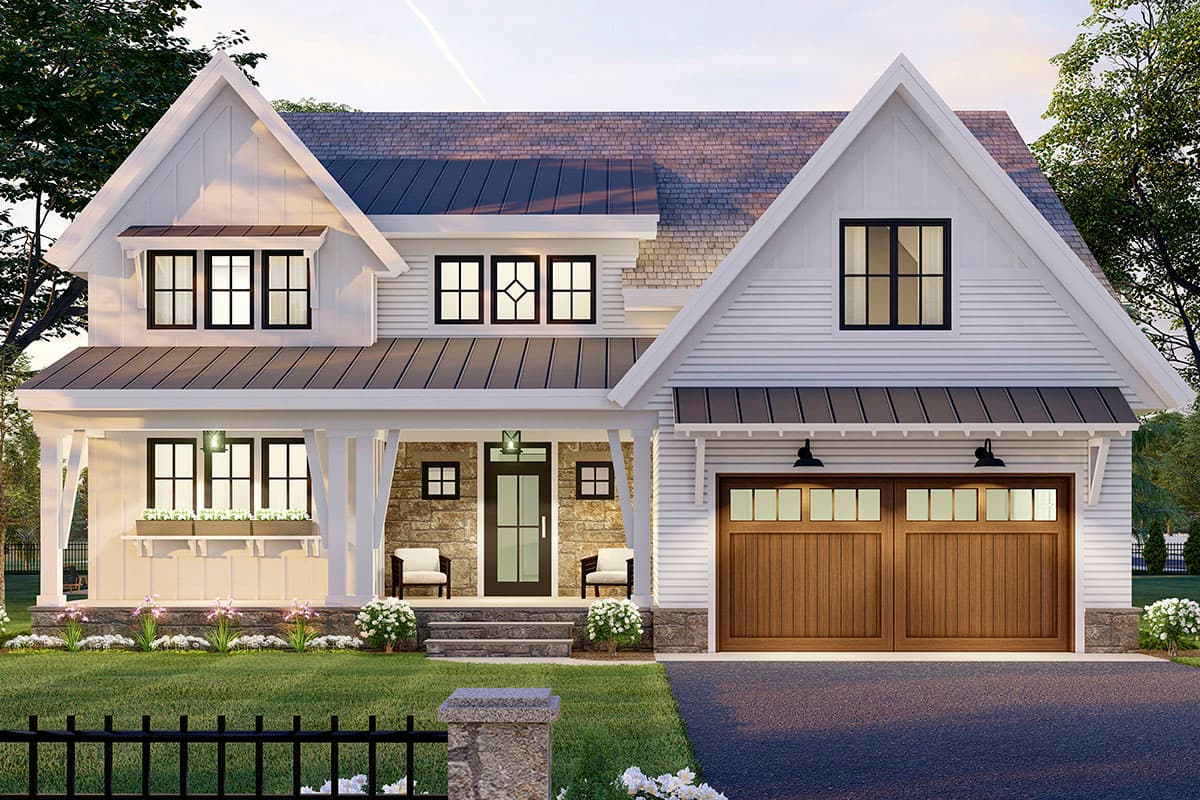 Modern Farmhouse style house plan exterior with a covered porch, stone accents, gables, and a double garage.