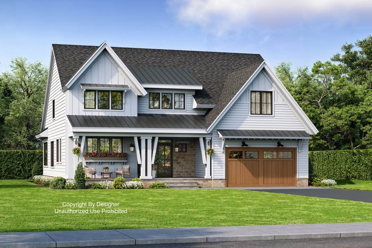Modern Farmhouse style house plan exterior, two stories, with board and batten siding, gables, and attached garage.