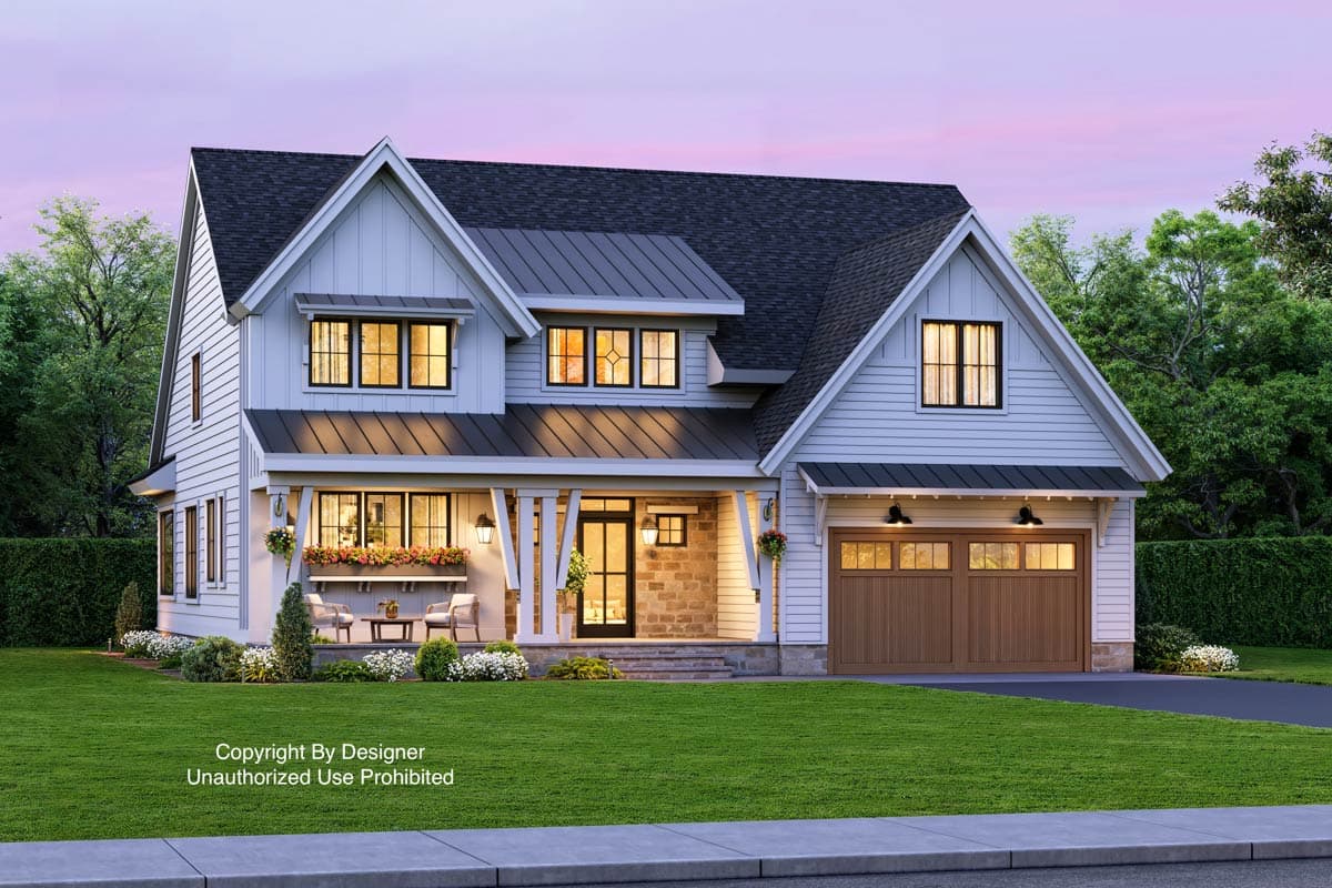 House plan exterior featuring Modern Farmhouse style with two stories, a covered porch, gabled roof, and attached garage with wood doors.