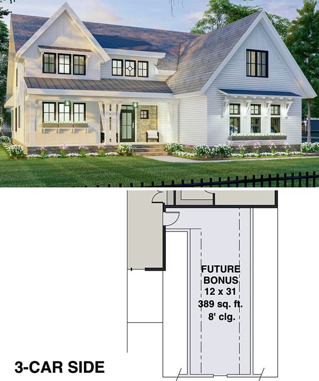 Plan 14696RK: 4-Bed Modern Farmhouse Plan with Two Level Kitchen Island and Laundry On Both Floors - 3146 Sq Ft - Floor Plan - 3-Car Side Garage Bonus Level Option - Country, Craftsman, Farmhouse, Modern Farmhouse, New American, Traditional