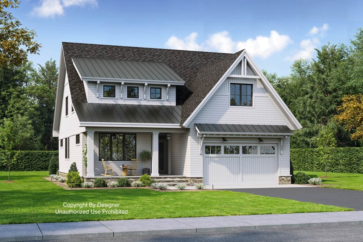 Modern Farmhouse house plan exterior with two stories, gable, dormers, metal roof, and attached garage.