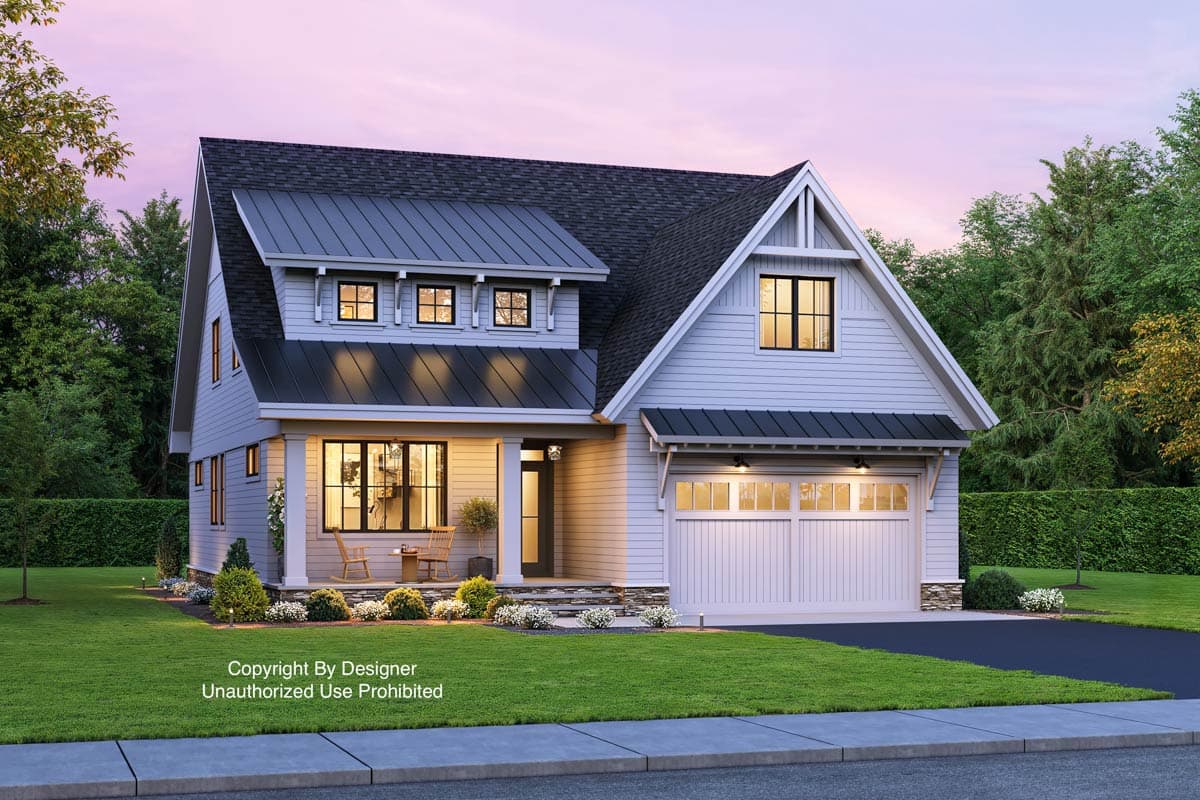 House plan exterior. Modern Farmhouse style, two stories. Features include a front porch, gables, dormers, and a two-car garage.