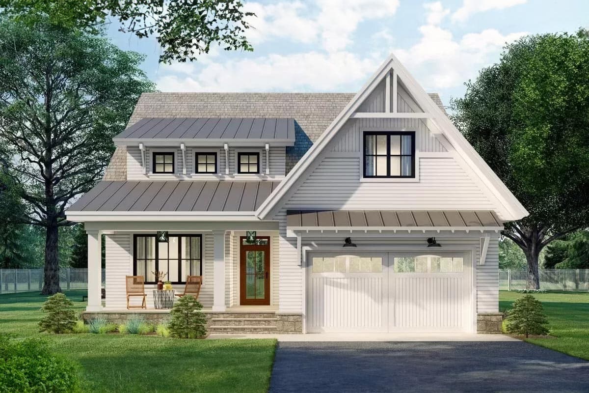 Modern Farmhouse house plan exterior with gable dormers, metal roof, and covered front porch.